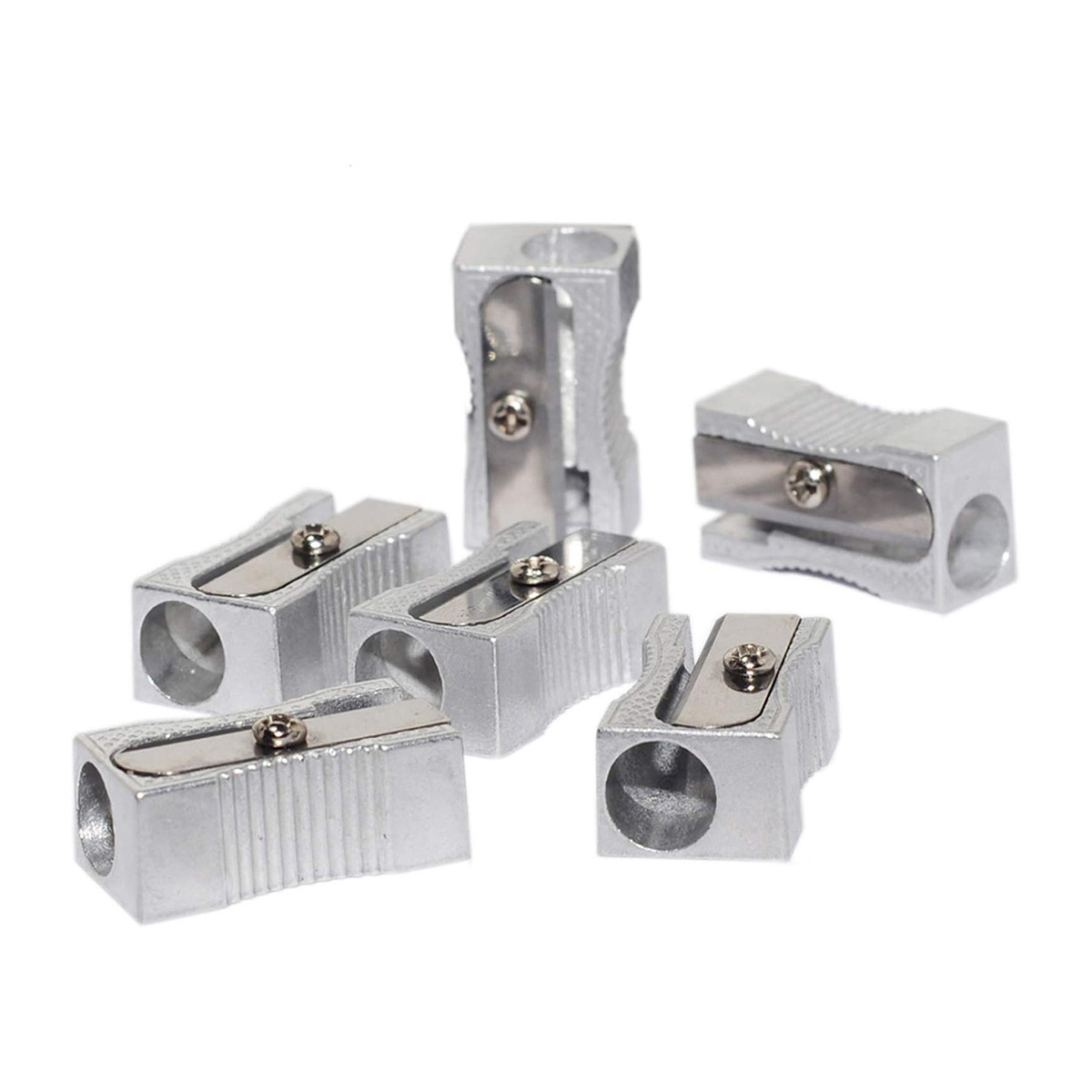 Dual Pencil Sharpener Pocket Aluminium Alloy Metal 1-Hole Steel Blade Rectangular Small Sharpeners 6 Pack Silver