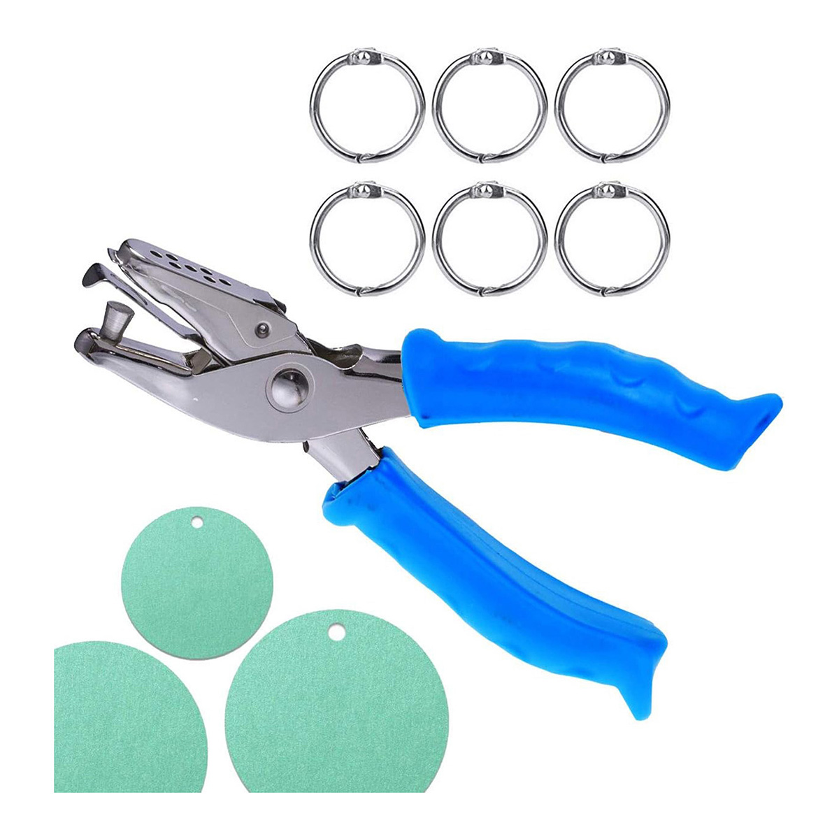 Single Hole Paper Punch Hand Held Metal Push Puncher Soft with Extra 6 Pcs Blue