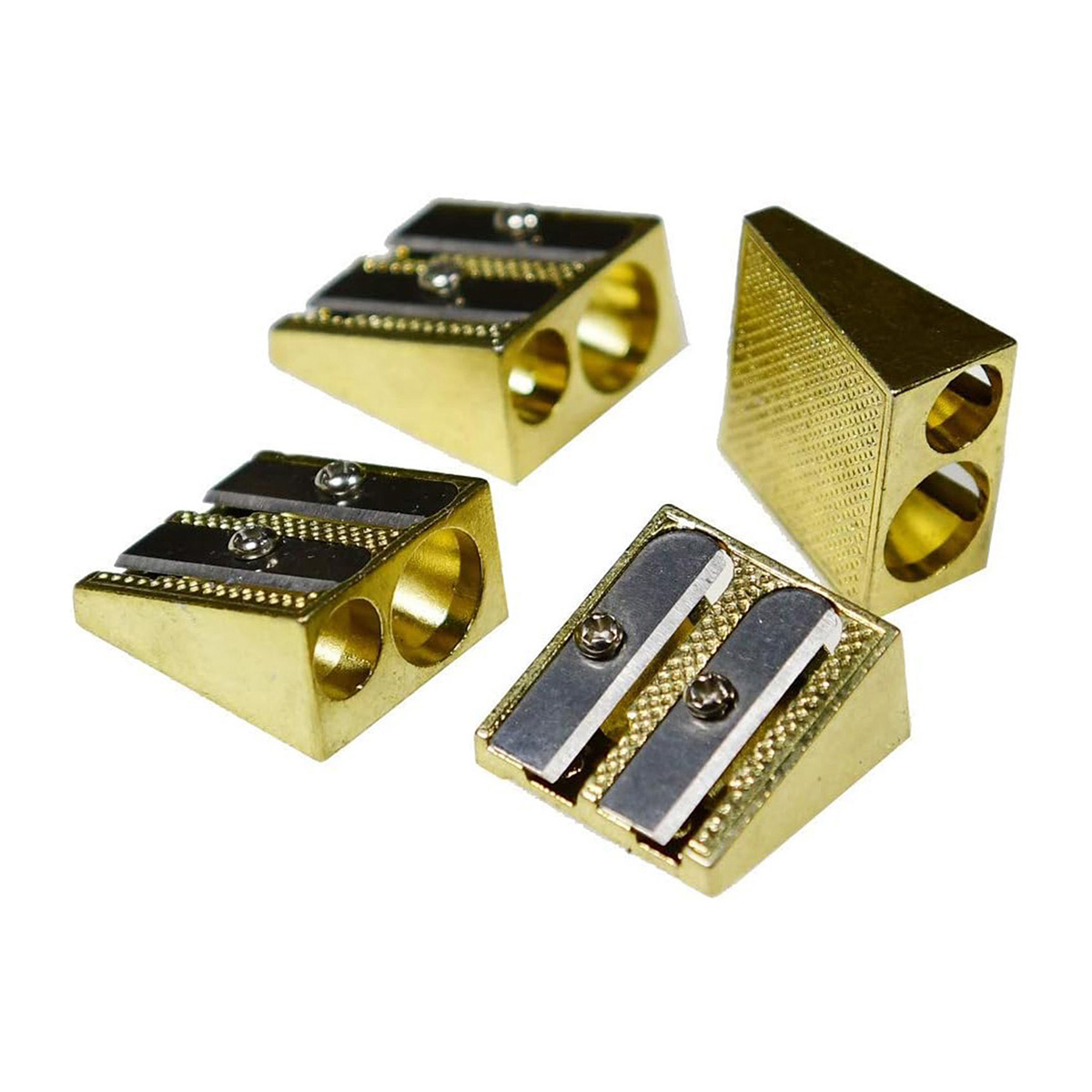 Pencil Sharpener Metal Brass Plated Sharpeners,Rectangular Dual 2 Holes,Hand-held Metal Sharpeners Pack of 4